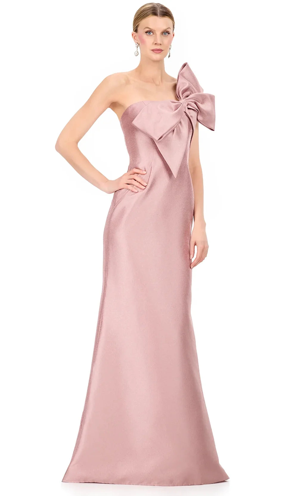 Ashley Lauren E12224 - Oversized Bow Asymmetric Mikado Dress in Taupe