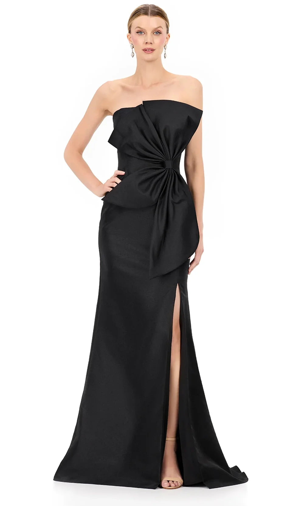 Ashley Lauren E12225 - Oversized Bow Strapless Slit Dress in Black