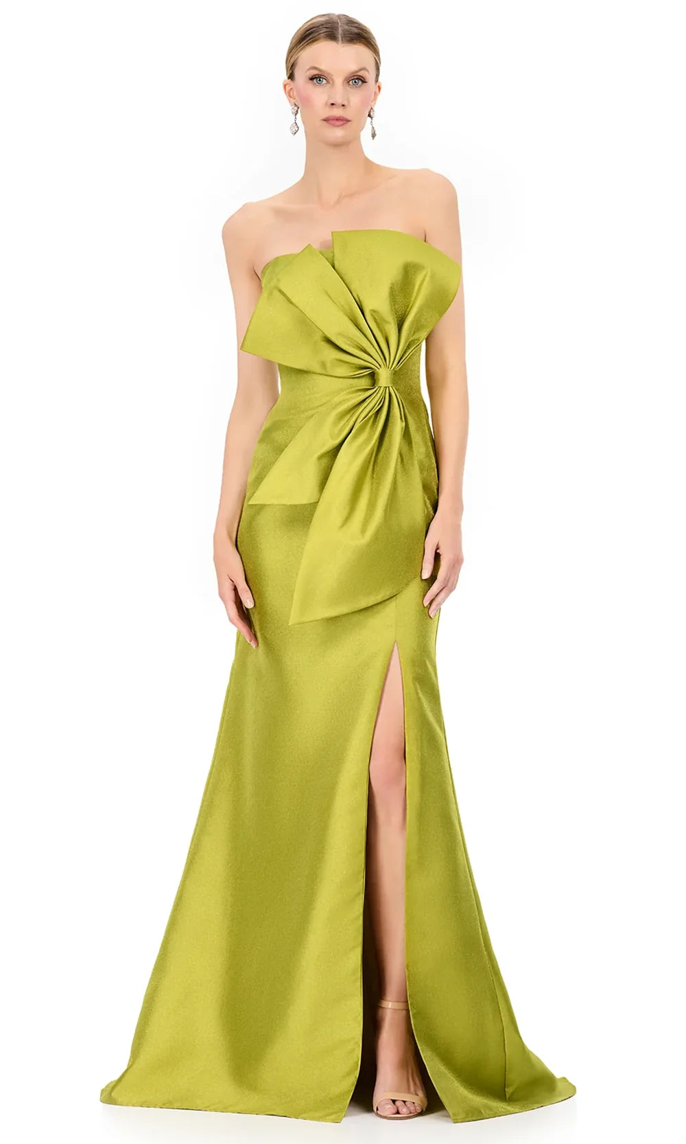Ashley Lauren E12225 - Oversized Bow Strapless Slit Dress in Chartreuse