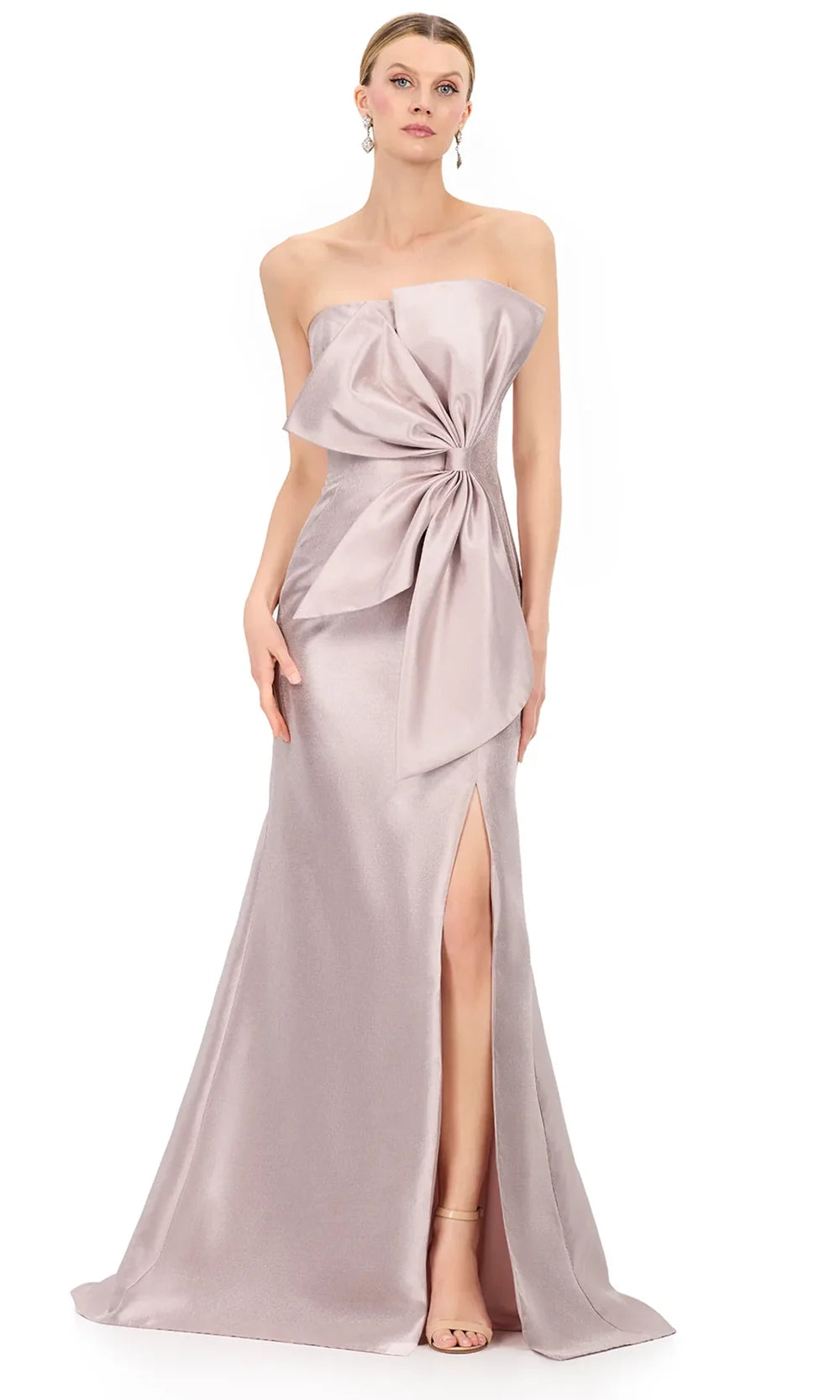 Ashley Lauren E12225 - Oversized Bow Strapless Slit Dress in Marble