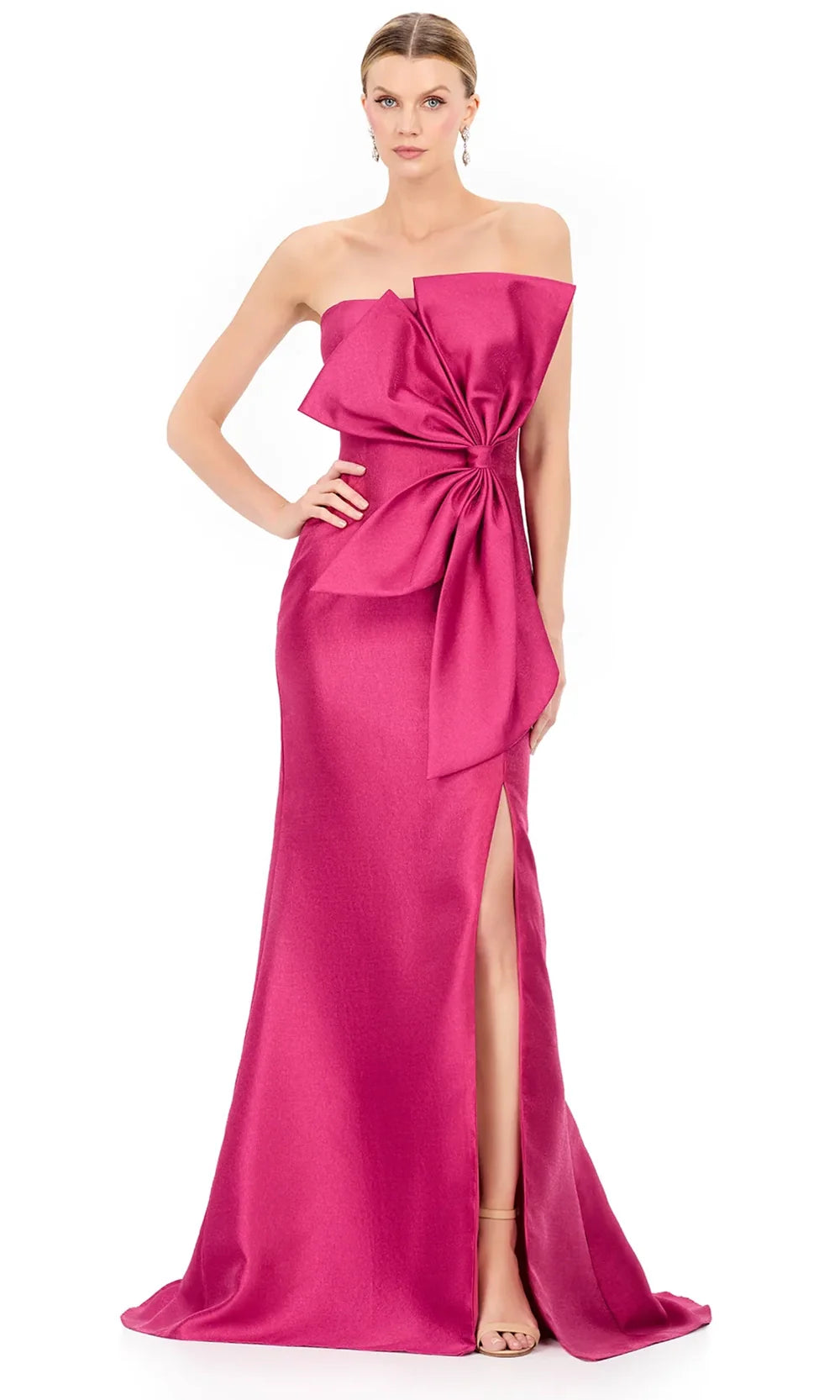 Ashley Lauren E12225 - Oversized Bow Strapless Slit Dress in Raspberry