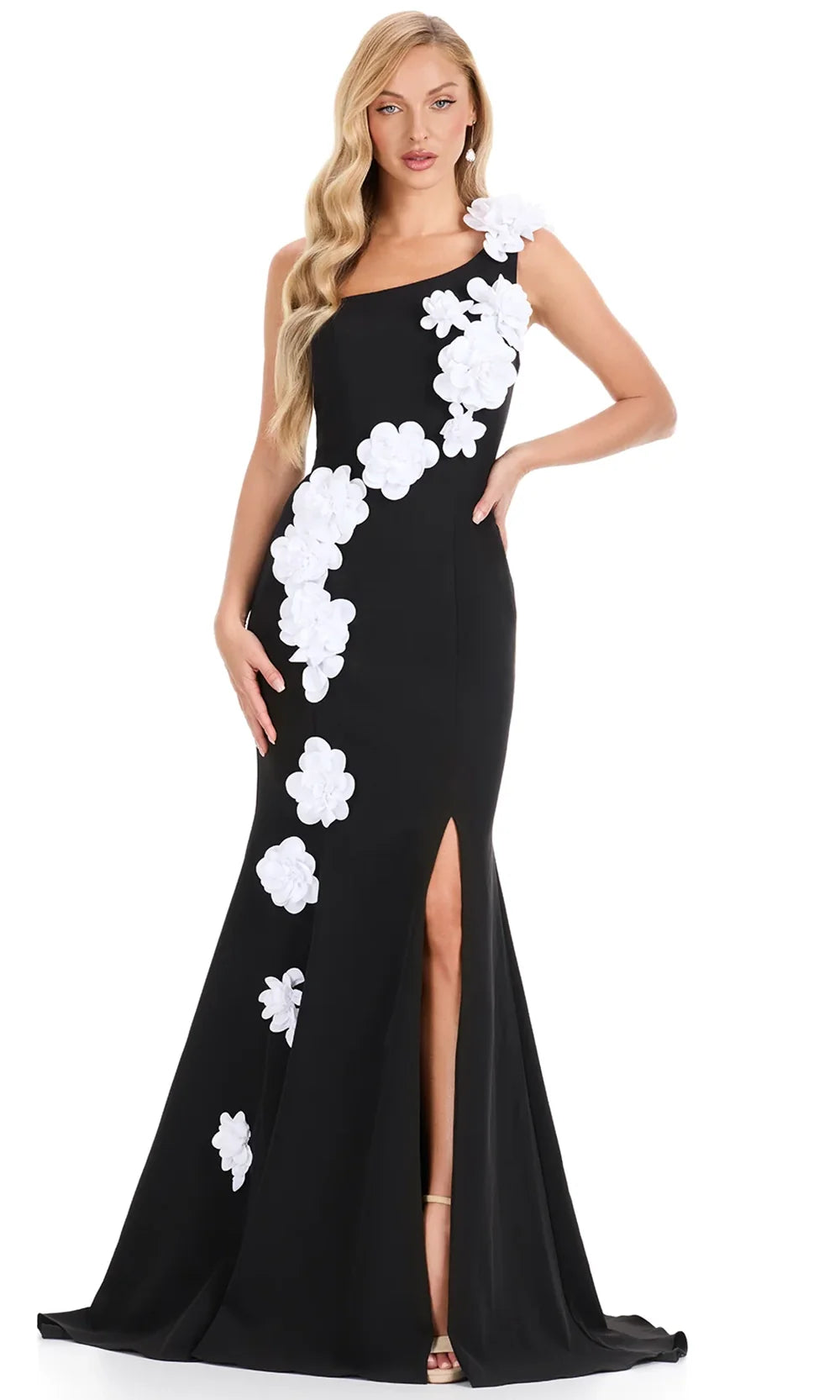 Ashley Lauren E12245 - One Shoulder Floral Accent Prom Dress in Black White