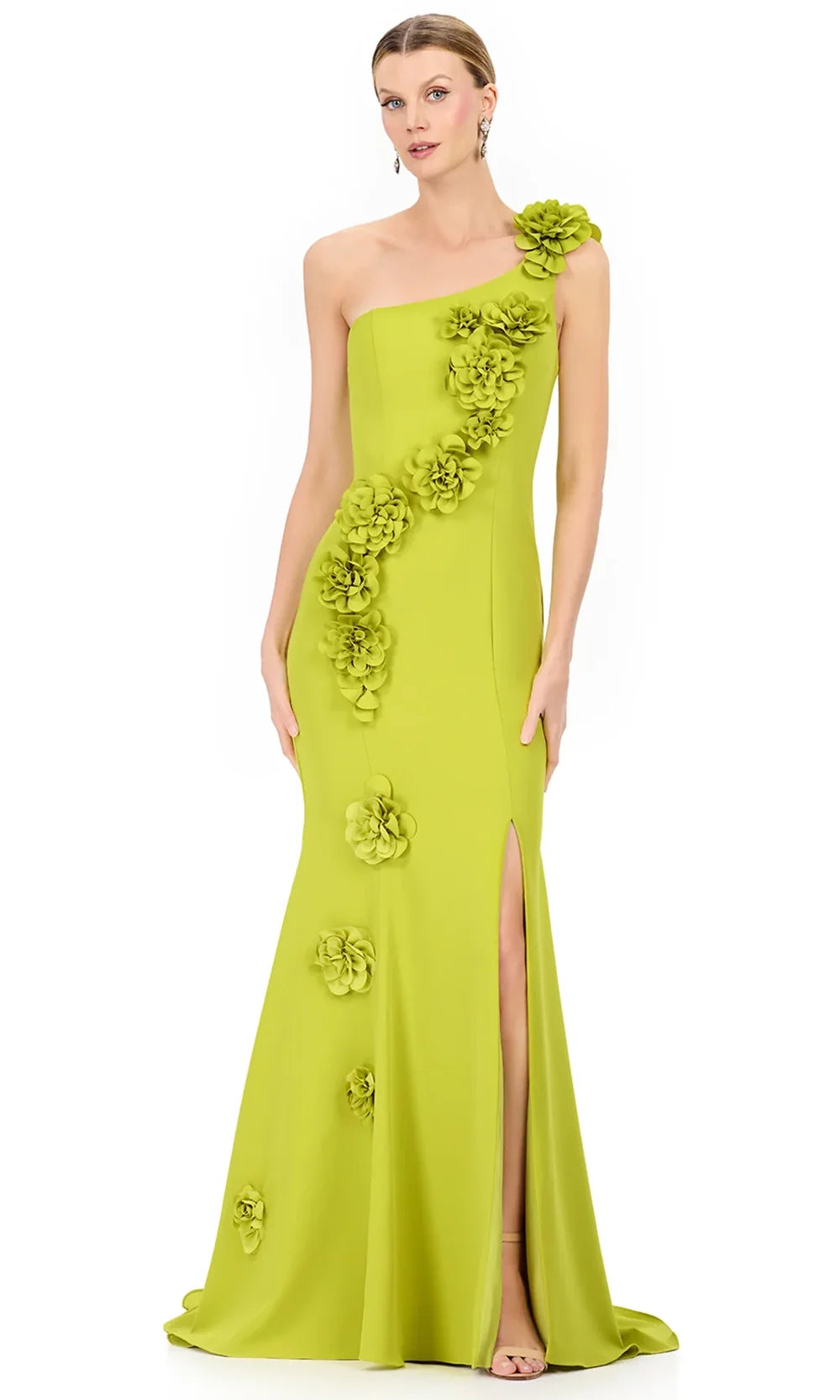 Ashley Lauren E12245 - One Shoulder Floral Accent Prom Dress in Chartreuse