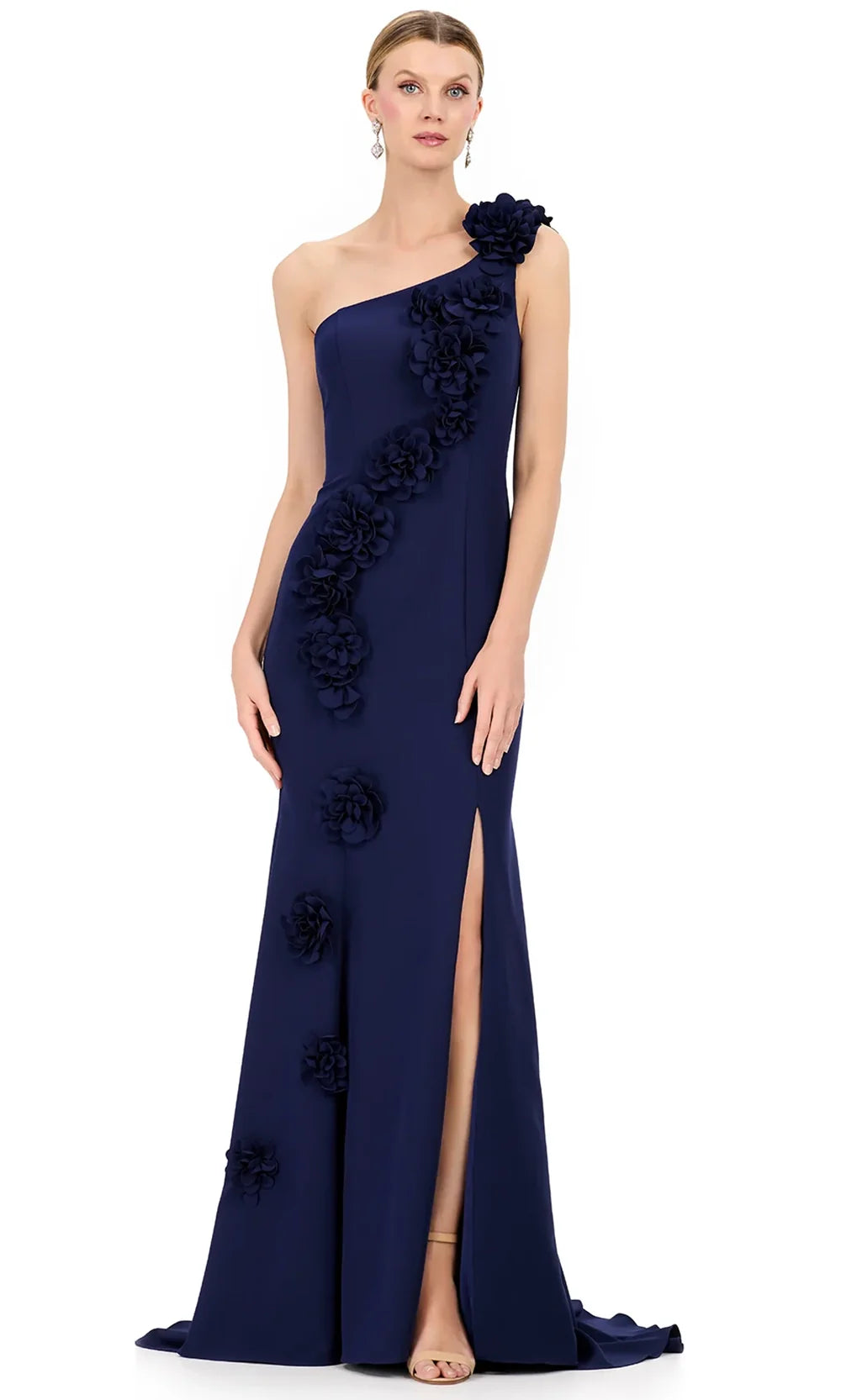 Ashley Lauren E12245 - One Shoulder Floral Accent Prom Dress in Navy