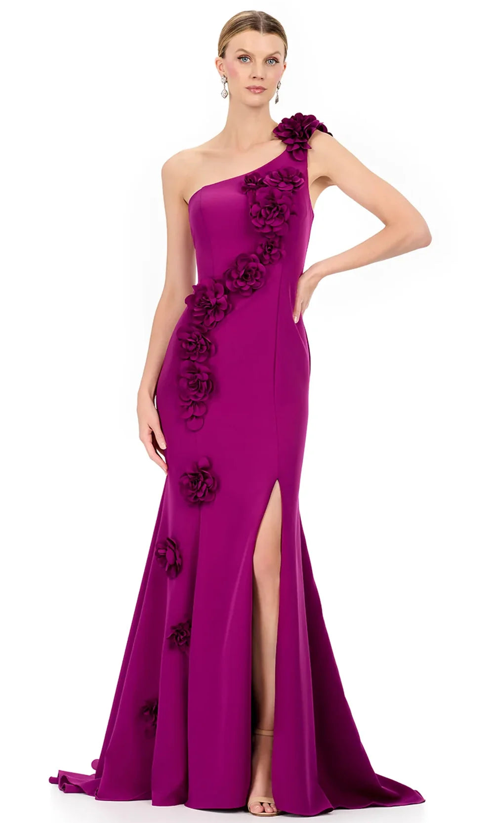 Ashley Lauren E12245 - One Shoulder Floral Accent Prom Dress in Raspberry