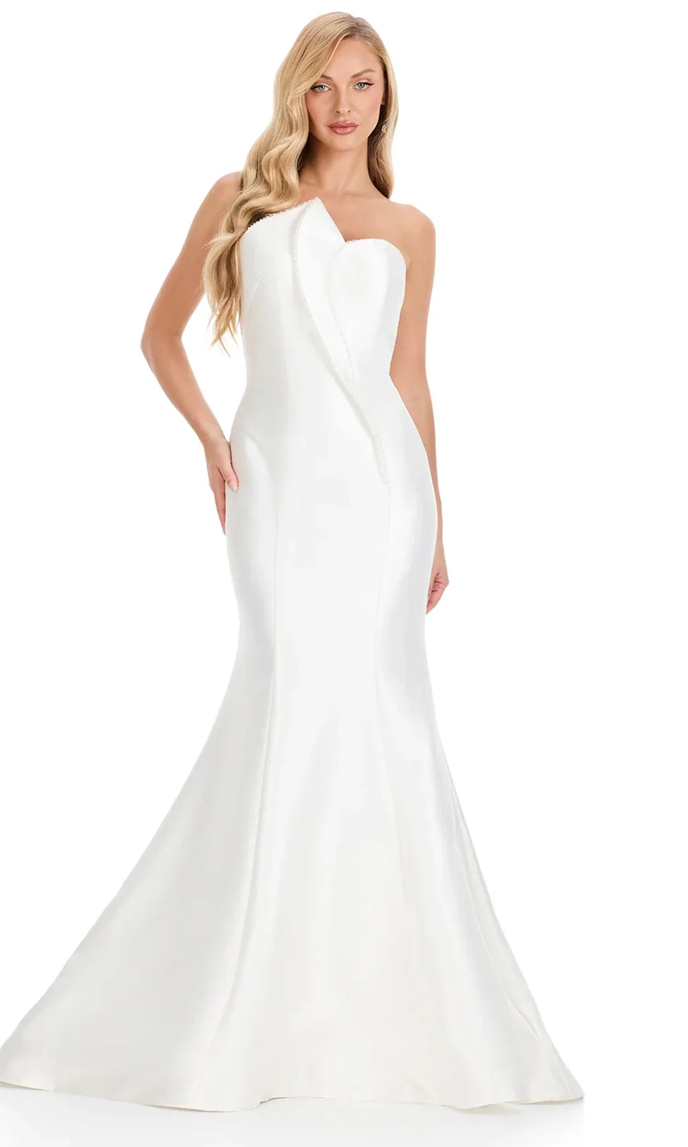 Ashley Lauren E12318 - Beaded Trim Asymmetric Strapless Dress in Ivory