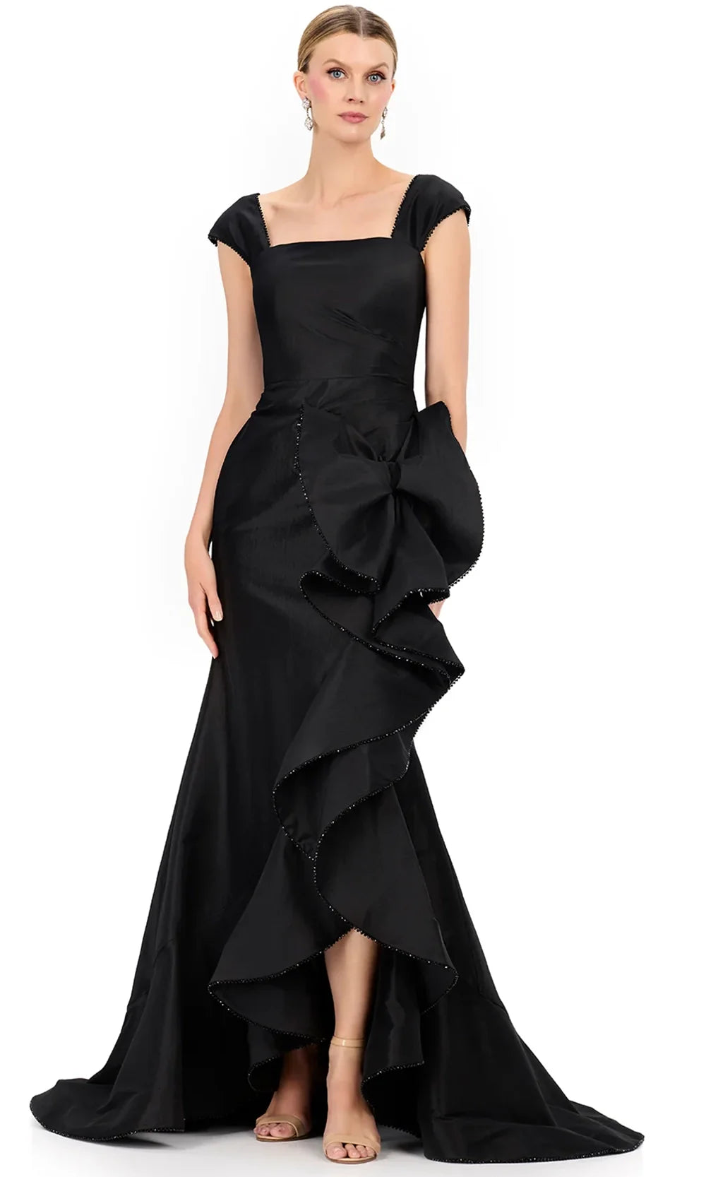 Ashley Lauren E12321 - Taffeta Square Neckline Ruffle Hi-Low Dress in Black
