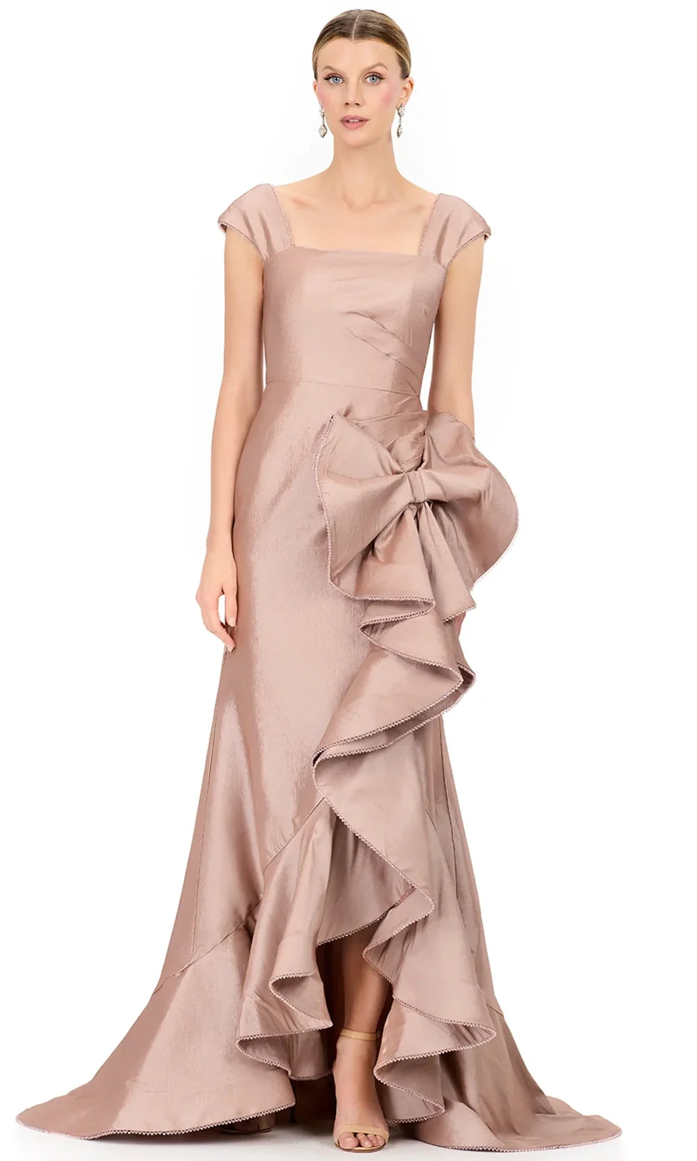 Ashley Lauren E12321 - Taffeta Square Neckline Ruffle Hi-Low Dress in Champagne