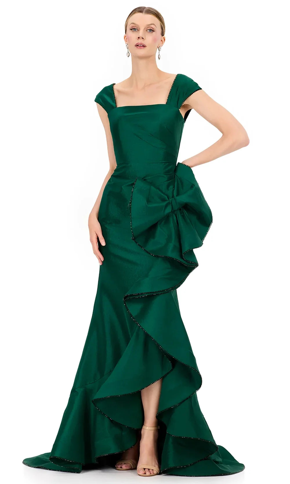Ashley Lauren E12321 - Taffeta Square Neckline Ruffle Hi-Low Dress in Emerald