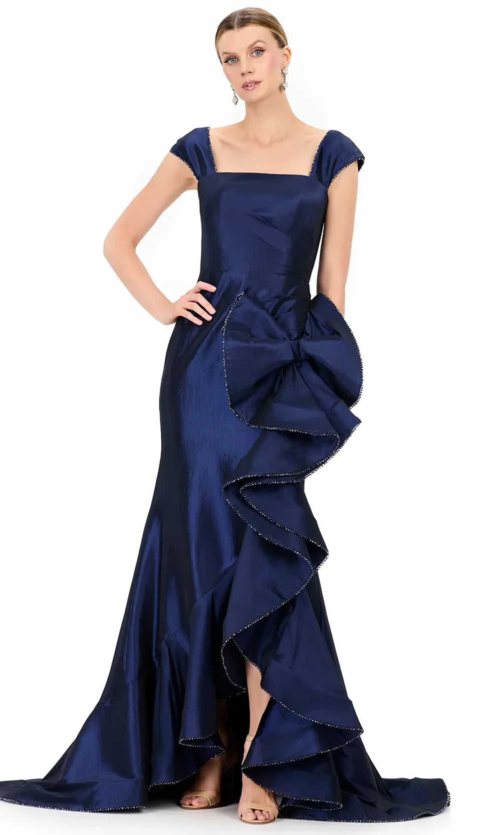 Ashley Lauren E12321 - Taffeta Square Neckline Ruffle Hi-Low Dress in Navy