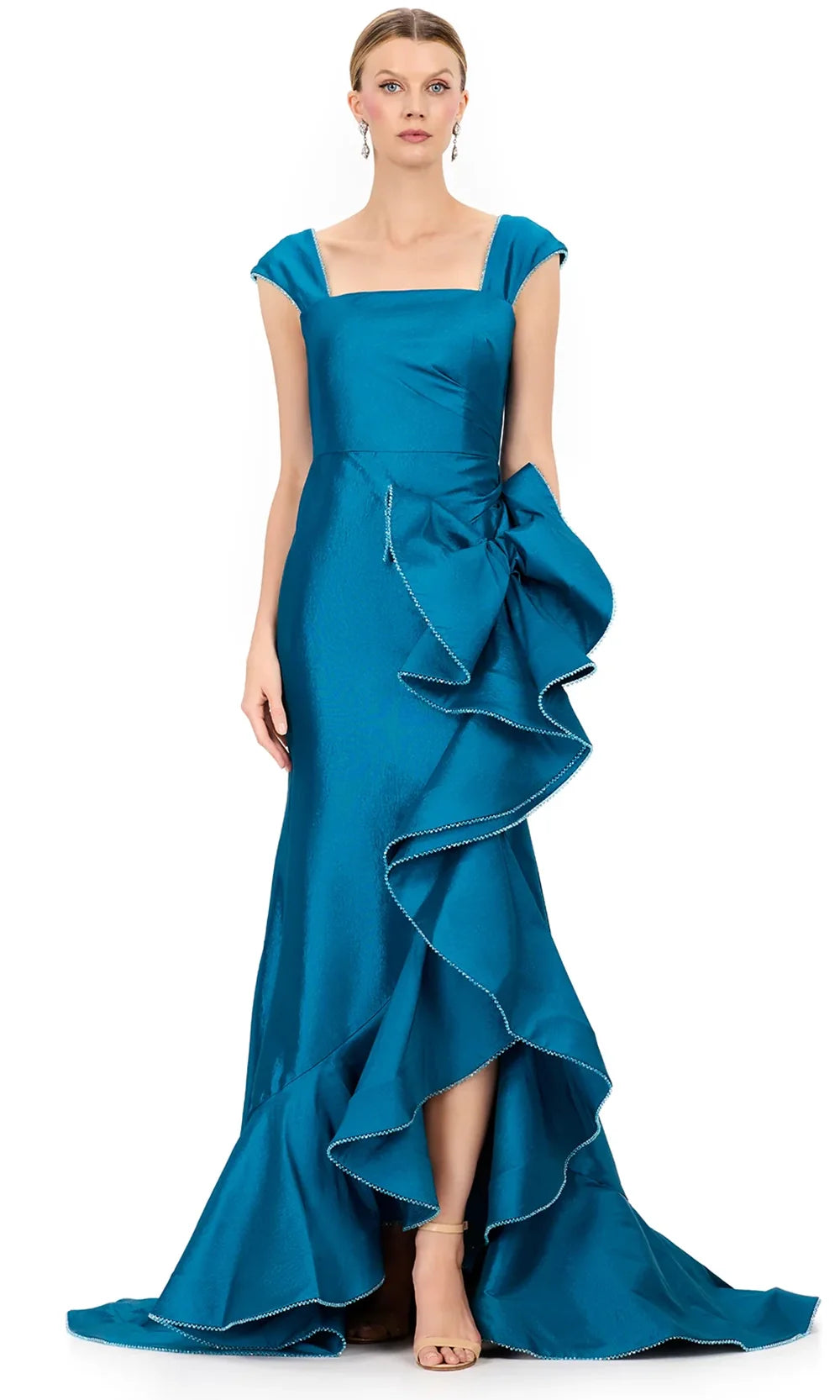 Ashley Lauren E12321 - Taffeta Square Neckline Ruffle Hi-Low Dress in Peacock