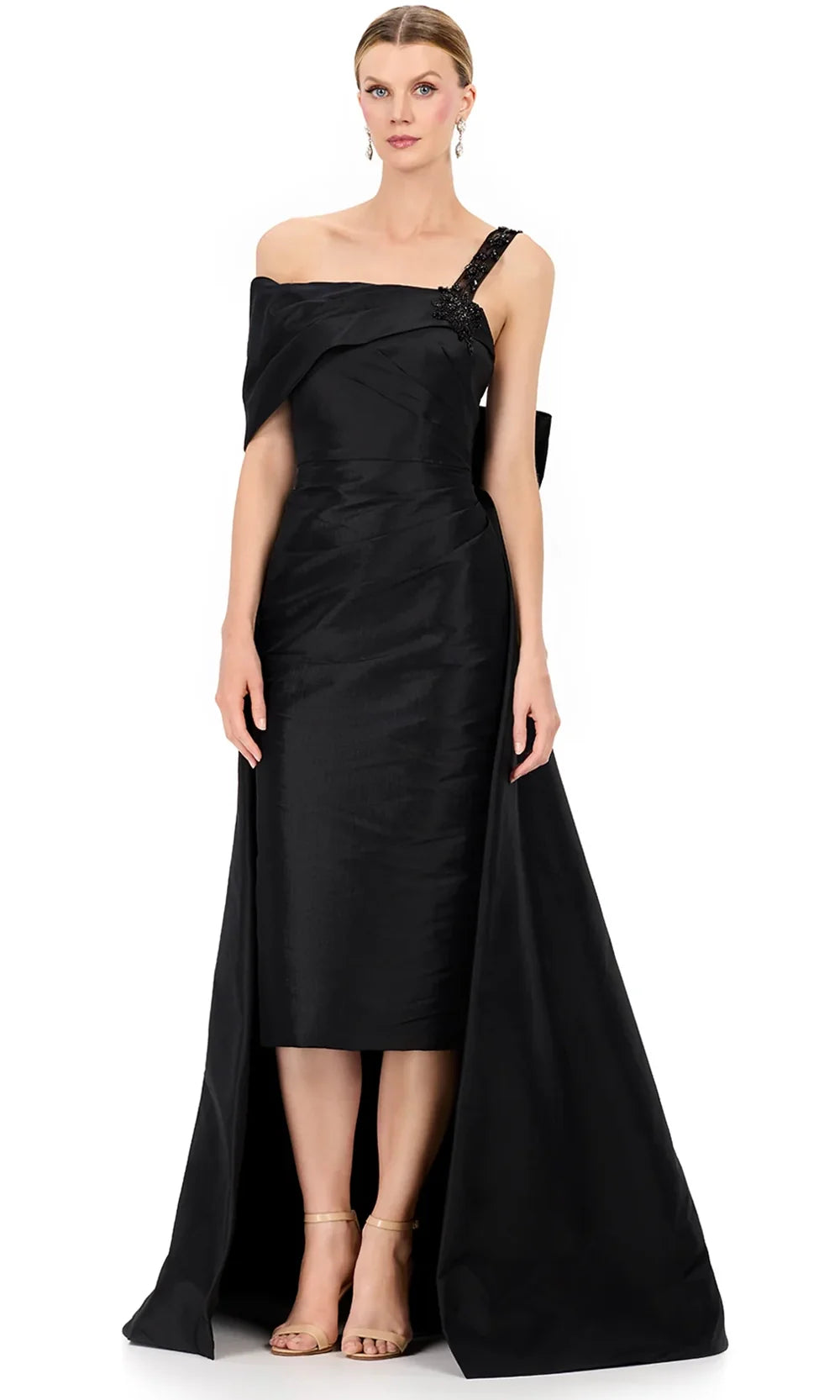 Ashley Lauren E12322 - Beaded Strap Asymmetric Taffeta Dress in Black
