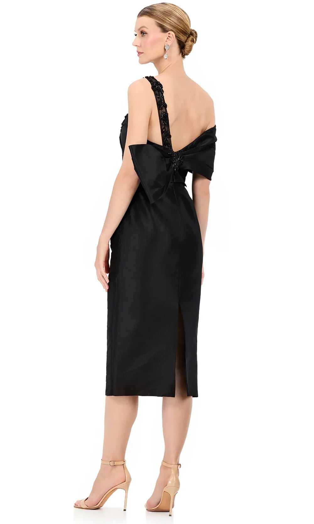 Ashley Lauren E12322 - Beaded Strap Asymmetric Taffeta Dress in Black