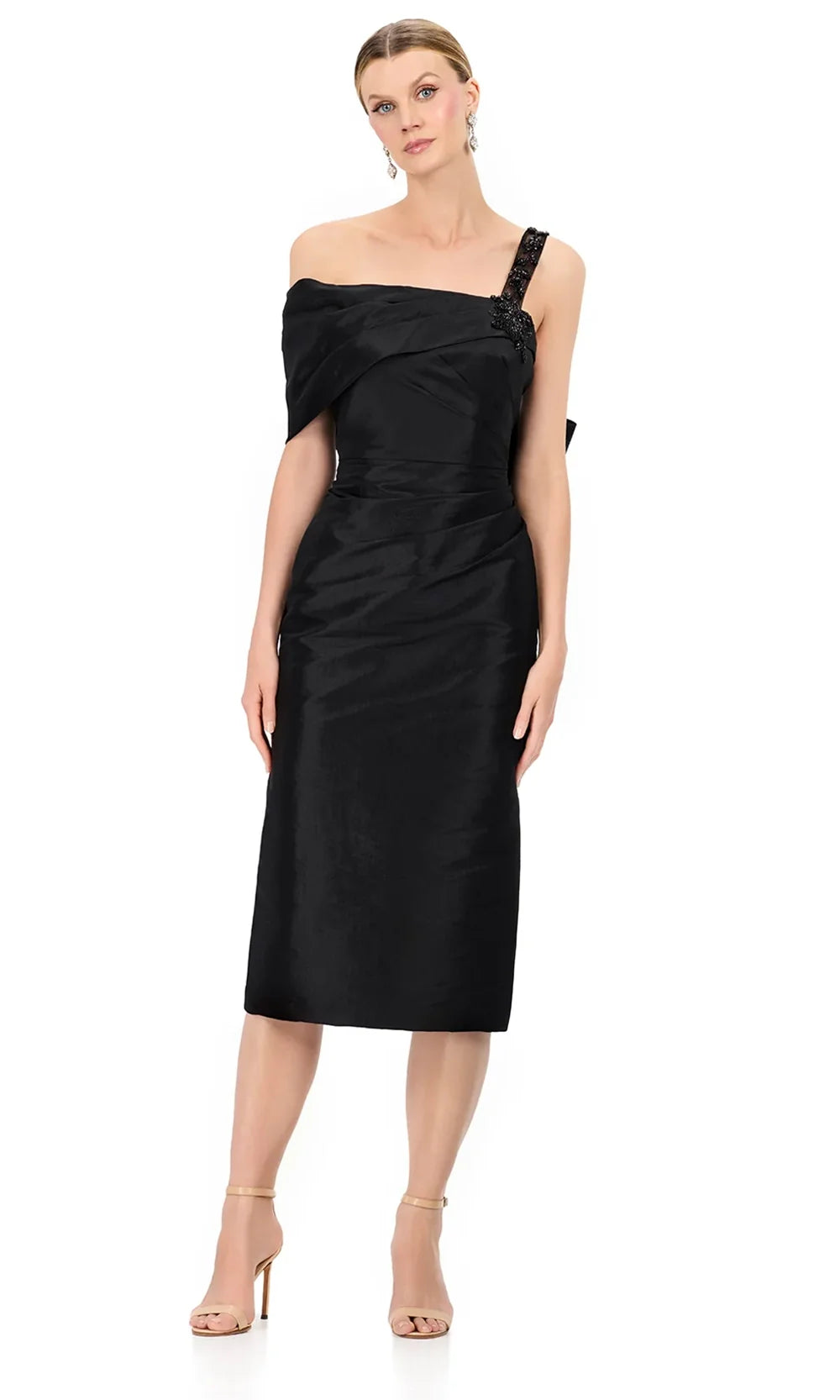 Ashley Lauren E12322 - Beaded Strap Asymmetric Taffeta Dress in Black