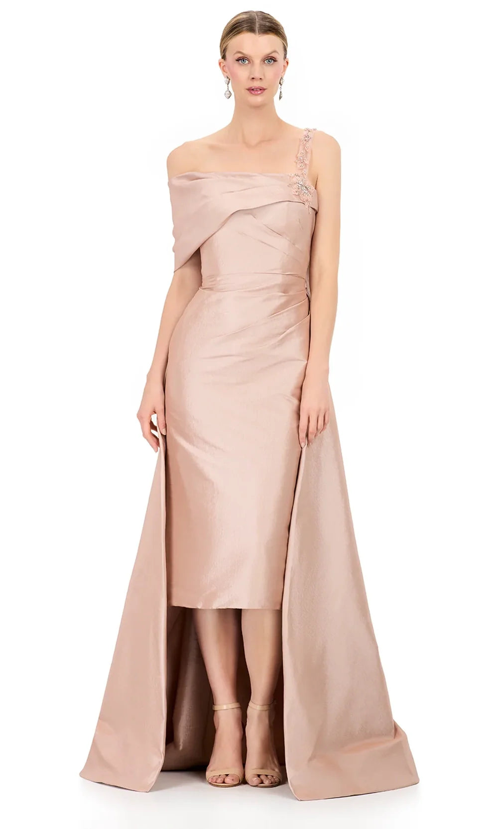 Ashley Lauren E12322 - Beaded Strap Asymmetric Taffeta Dress in Champagne