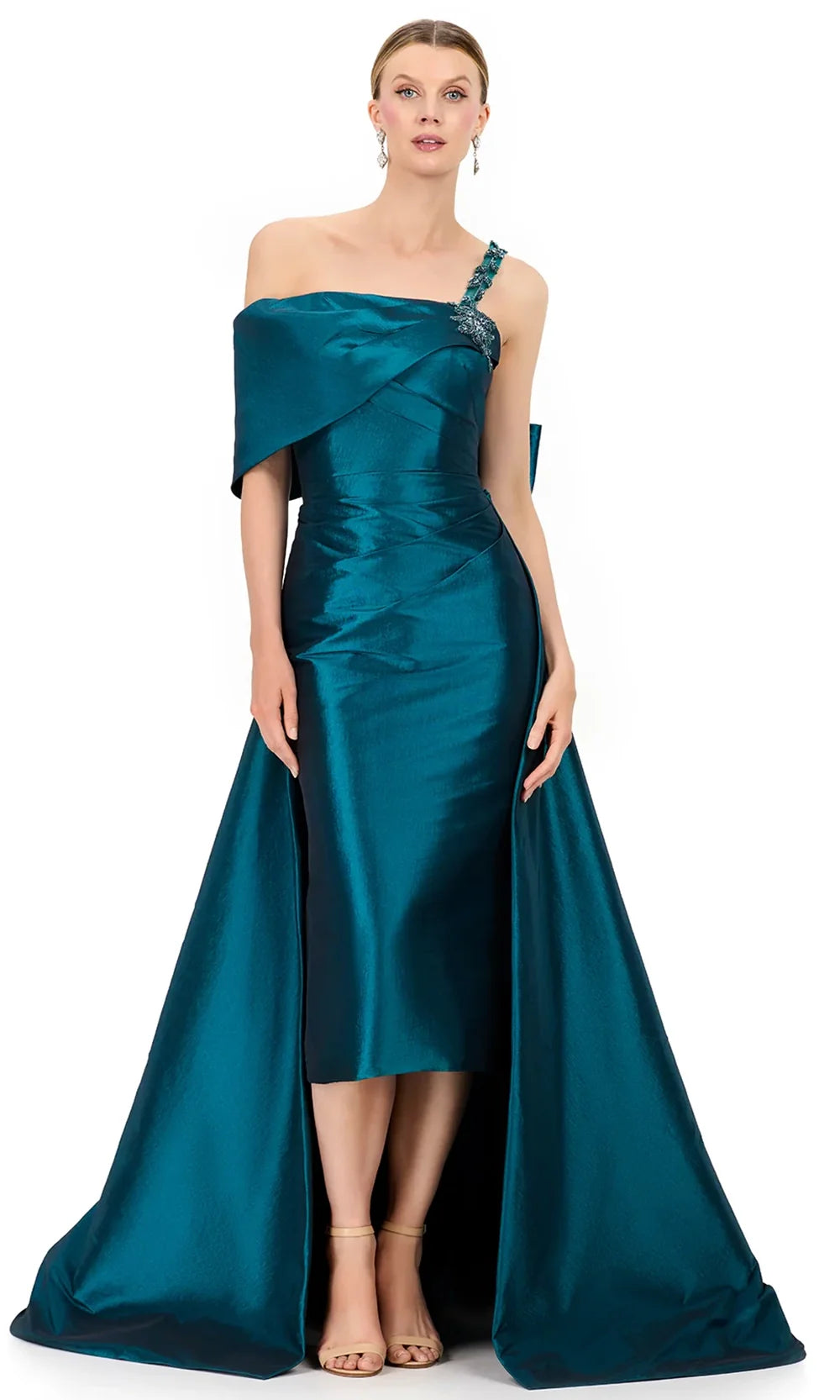 Ashley Lauren E12322 - Beaded Strap Asymmetric Taffeta Dress in DarkTeal
