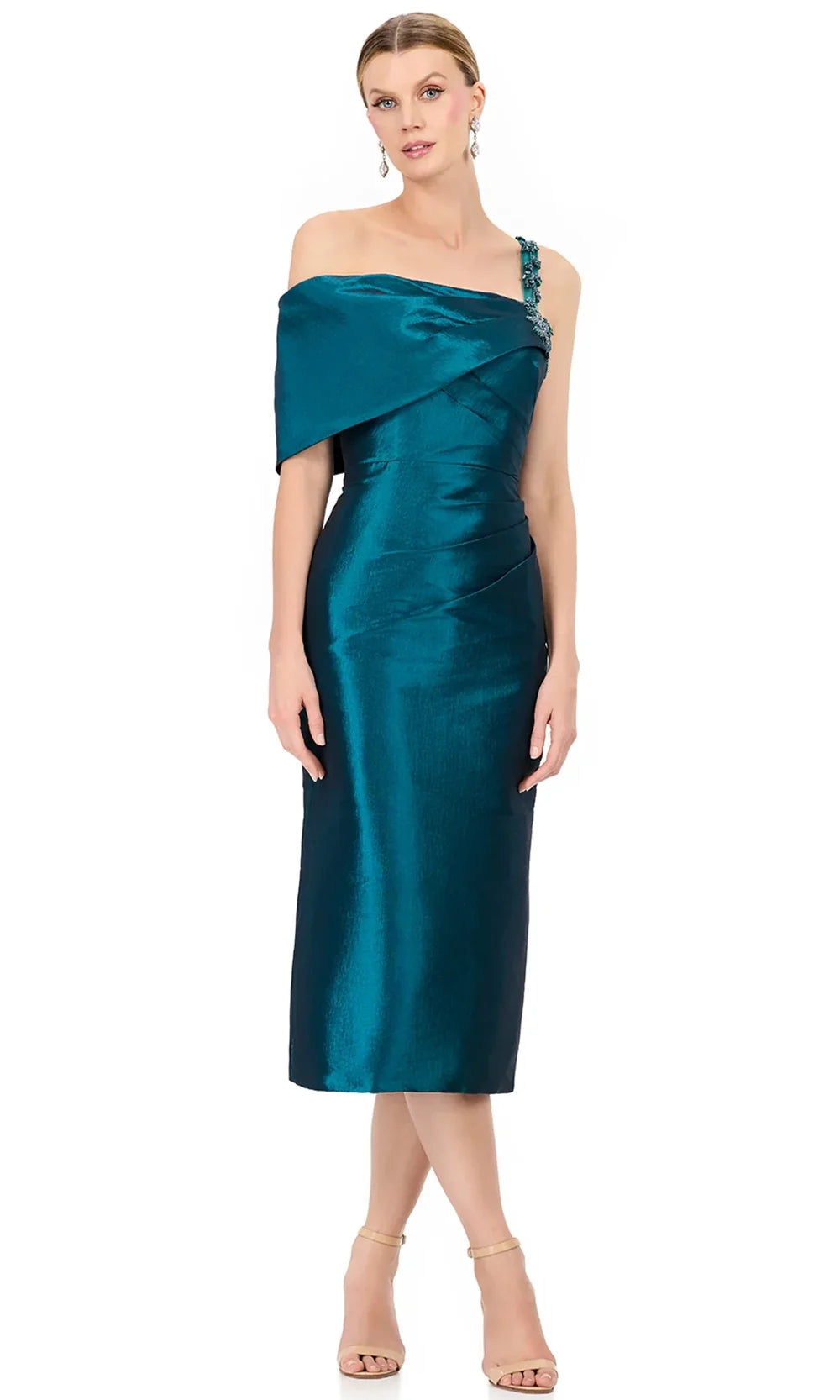 Ashley Lauren E12322 - Beaded Strap Asymmetric Taffeta Dress in DarkTeal