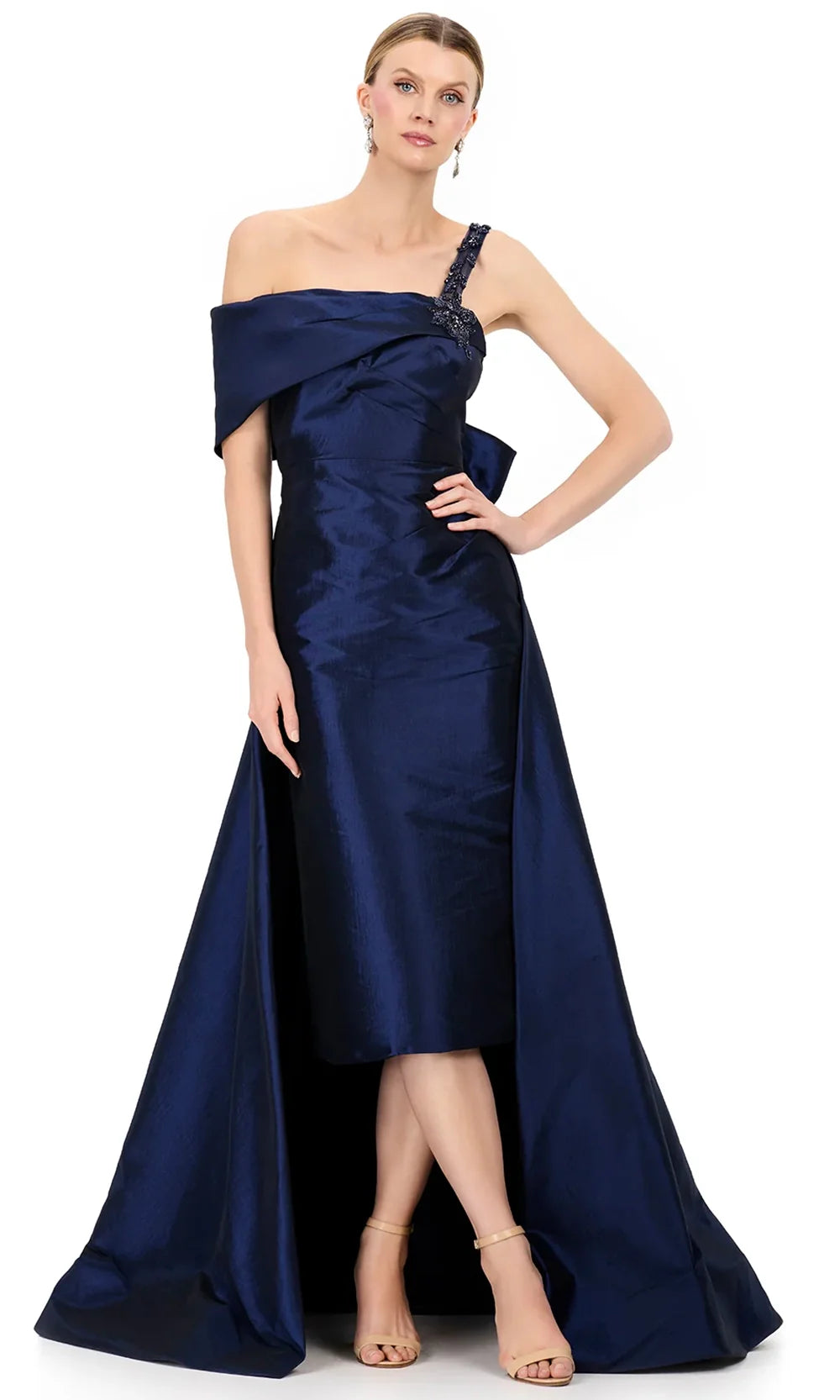 Ashley Lauren E12322 - Beaded Strap Asymmetric Taffeta Dress in Navy