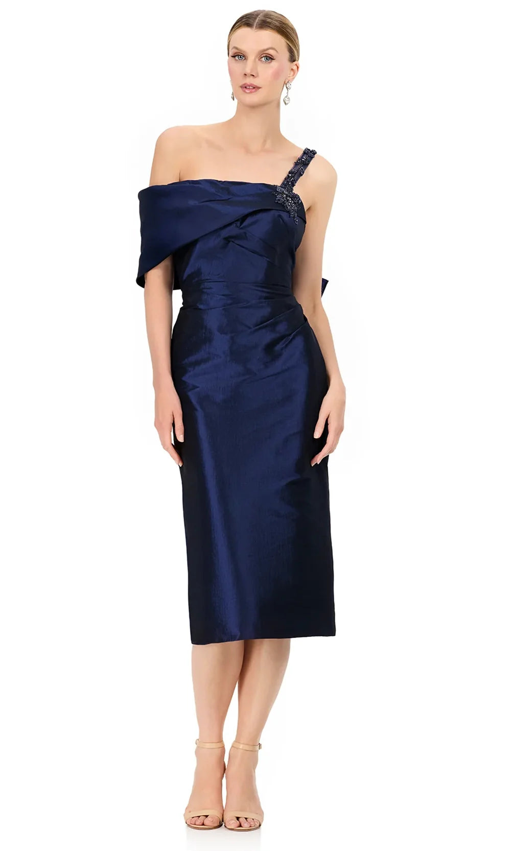 Ashley Lauren E12322 - Beaded Strap Asymmetric Taffeta Dress in Navy