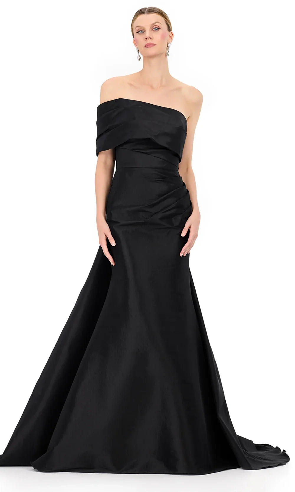 Ashley Lauren E12323 - Asymmetric Off Shoulder Taffeta Dress in Black