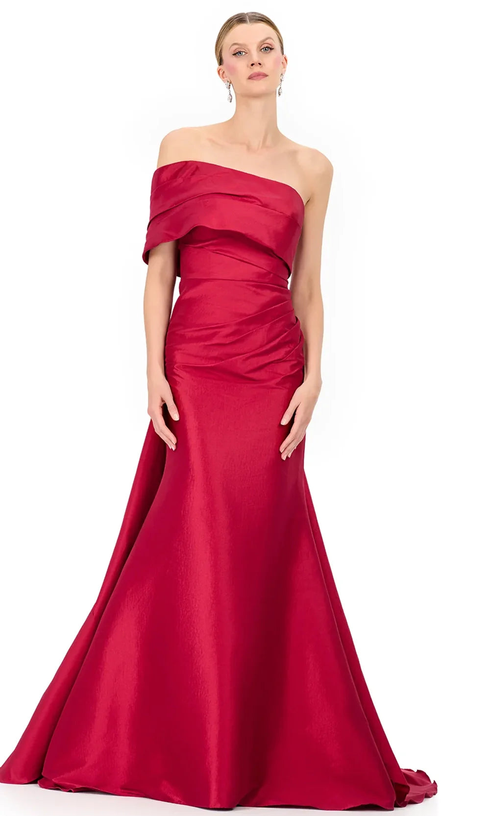 Ashley Lauren E12323 - Asymmetric Off Shoulder Taffeta Dress in Ruby