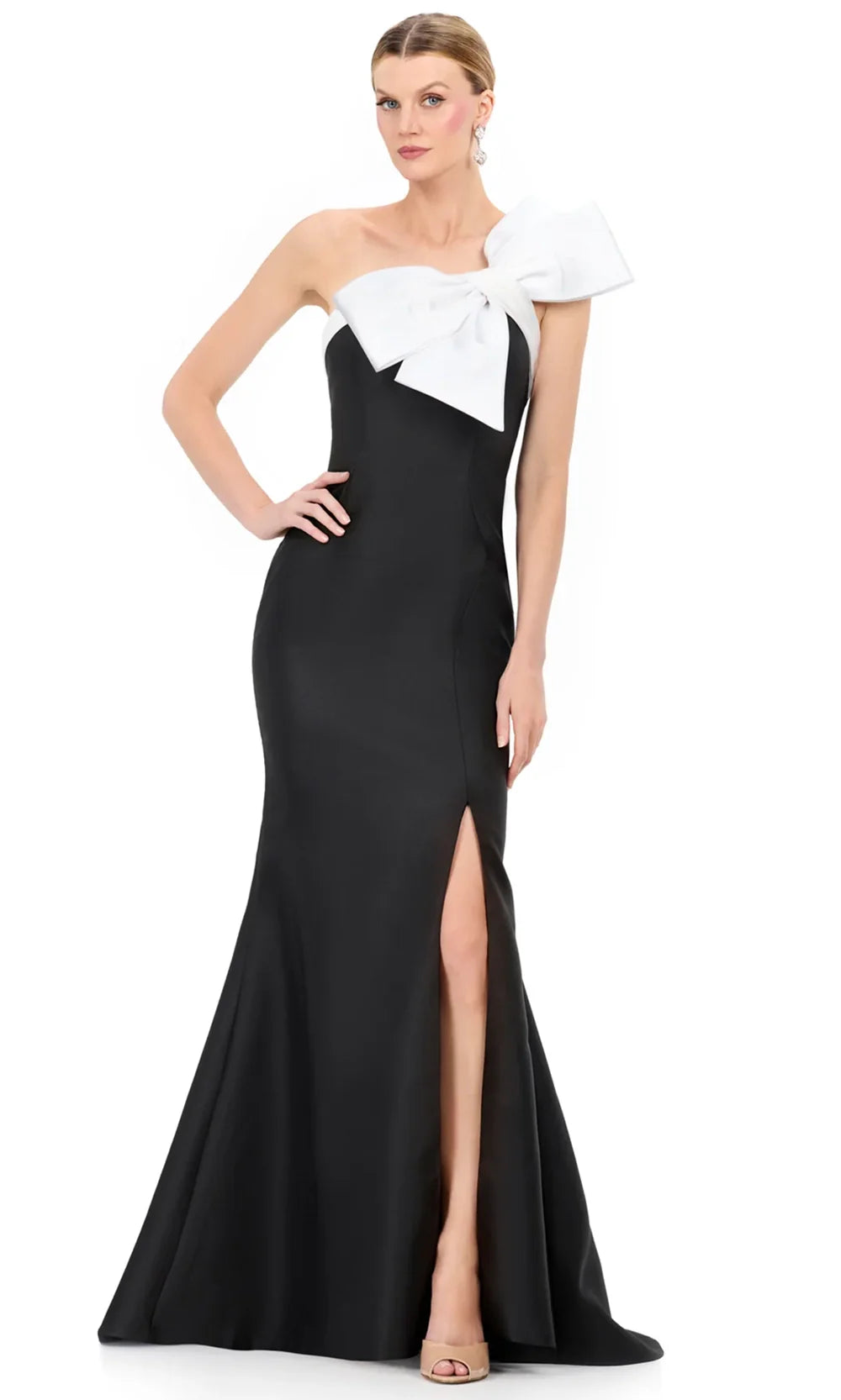 Ashley Lauren E12325 - Oversized Bow Asymmetric Mikado Dress in White Black