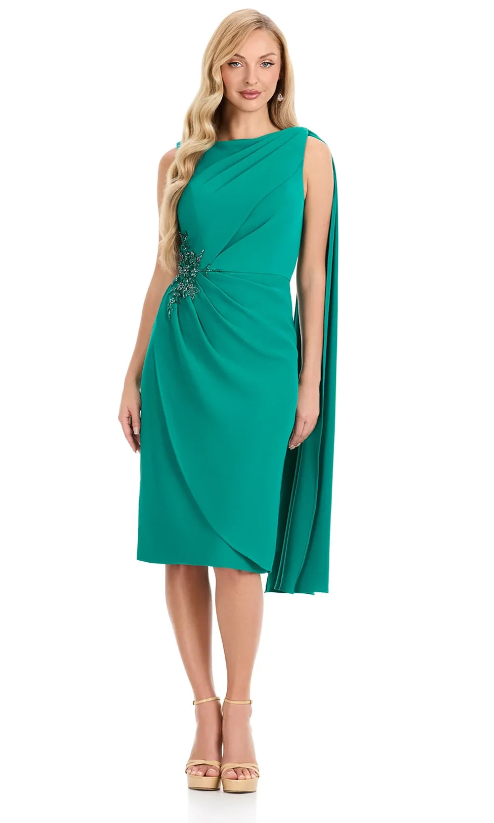 Ashley Lauren E4910 - Bateau Neck Draped Cape Formal Dress in Jade