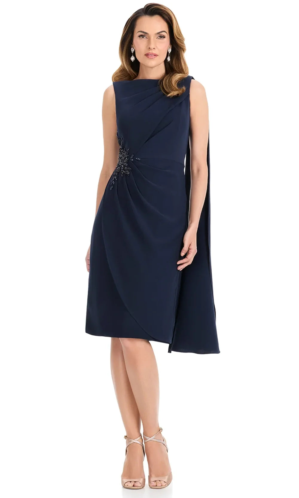 Ashley Lauren E4910 - Bateau Neck Draped Cape Formal Dress in Navy