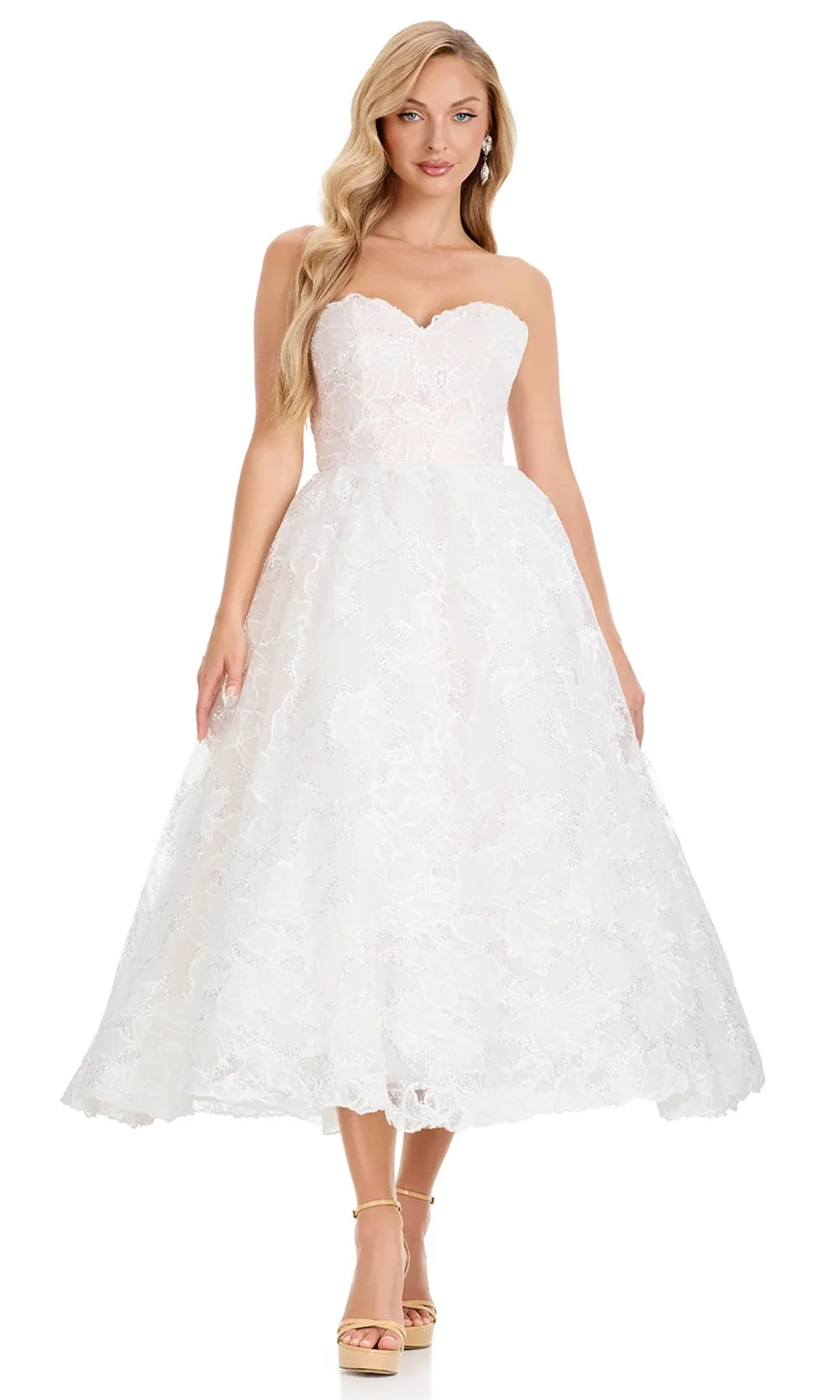 Ashley Lauren E4913 - Sweetheart Neckline Floral Lace Midi Dress in Ivory
