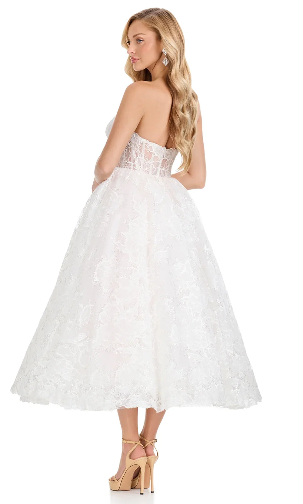 Ashley Lauren E4913 - Sweetheart Neckline Floral Lace Midi Dress in Ivory