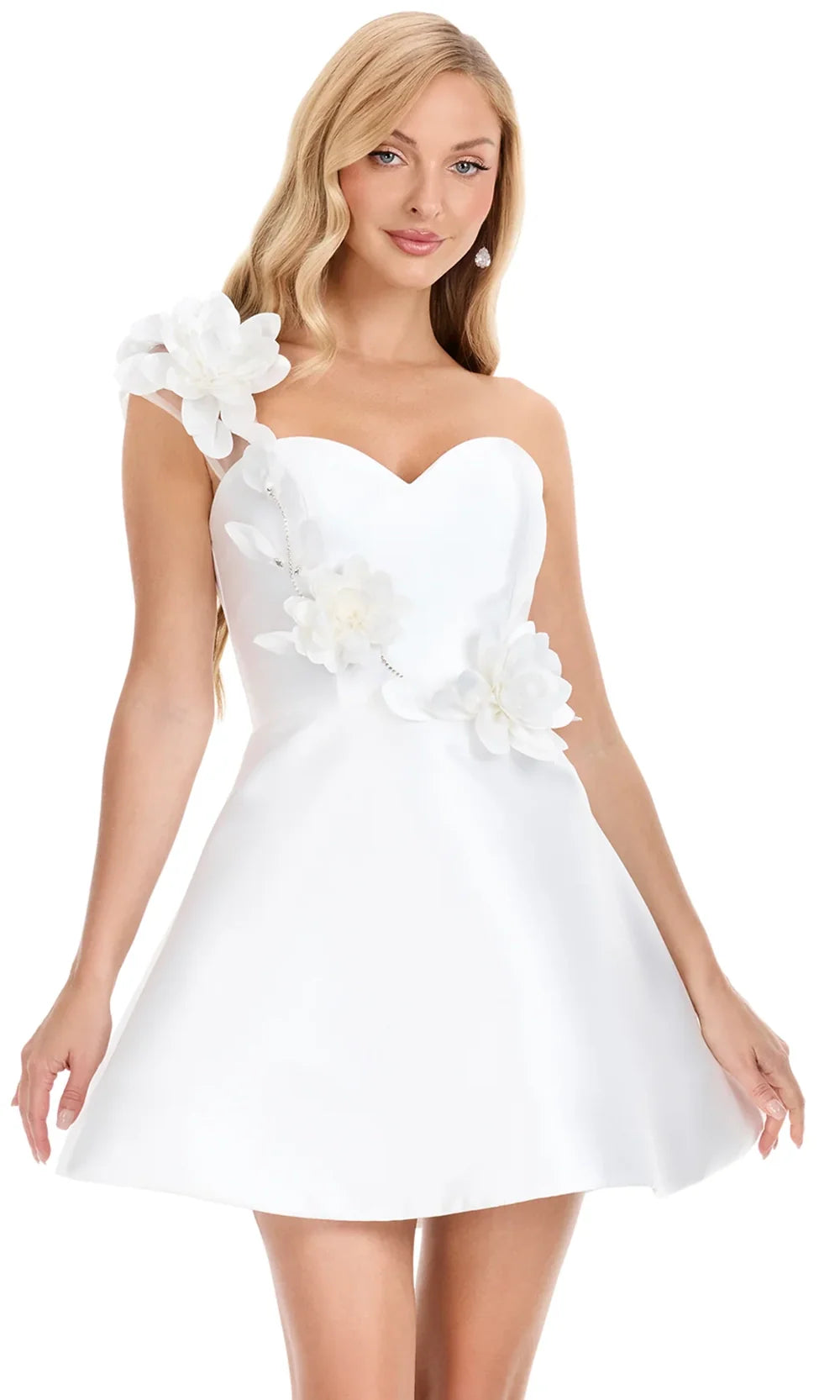 Ashley Lauren E4914 - 3D Floral Applique One Shoulder Min i Dress in Ivory
