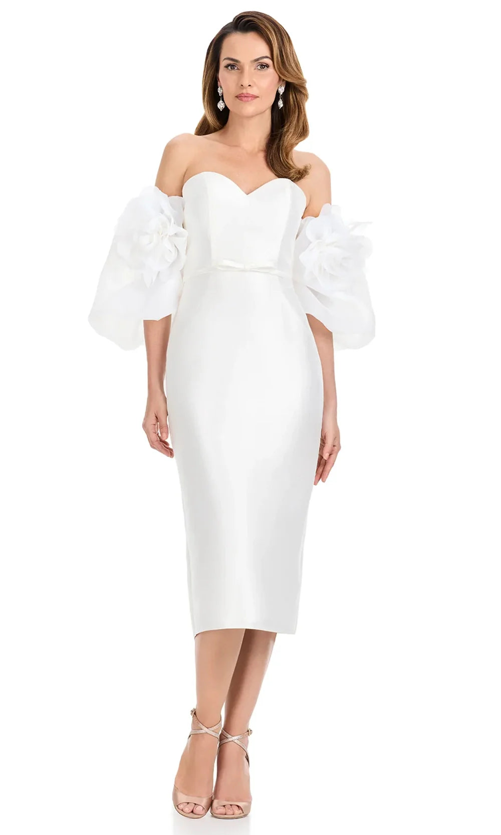 Ashley Lauren E4918 - Off Shoulder Puff Sleeve Satin Midi Dress in Ivory