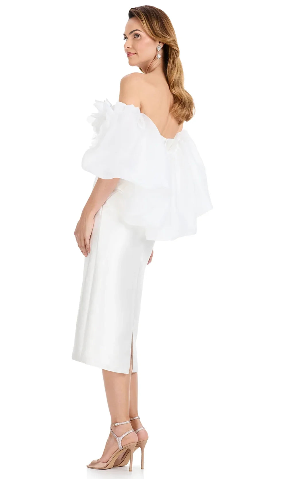 Ashley Lauren E4918 - Off Shoulder Puff Sleeve Satin Midi Dress in Ivory