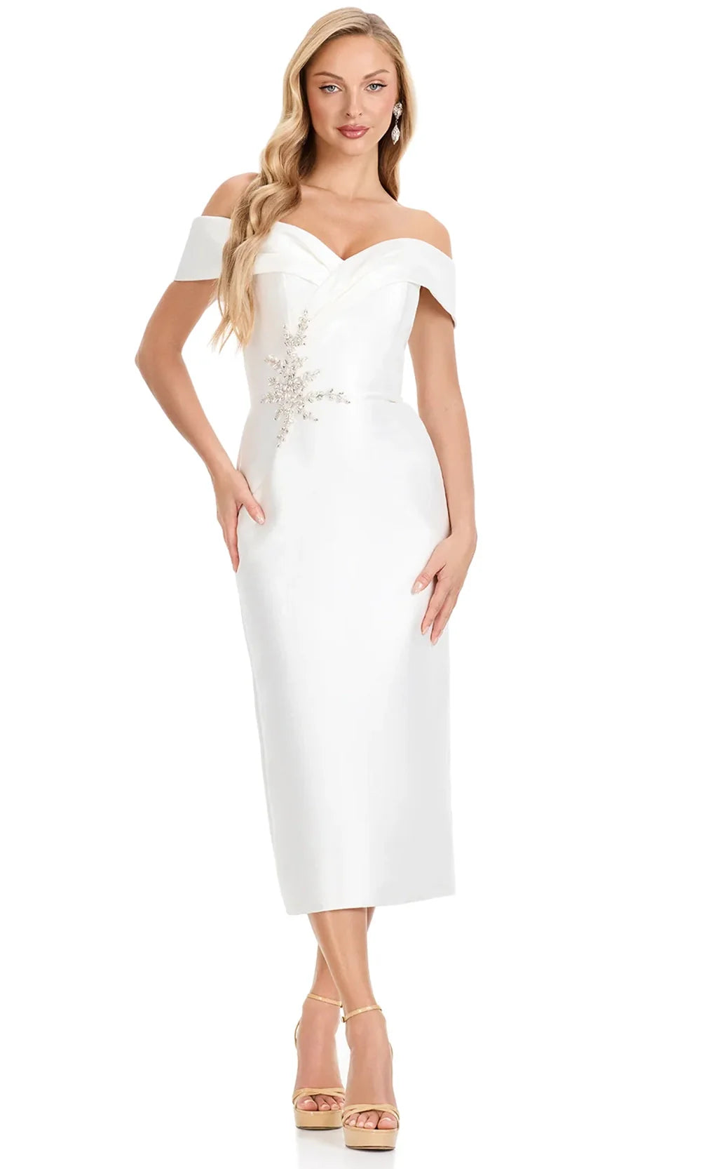 Ashley Lauren E4919 - Crystal Applique Sheath Midi Dress in Ivory