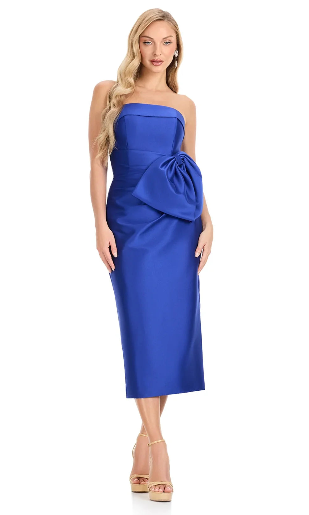 Ashley Lauren E4921 - Tea-Length Straight Neckline Mikado Dress in Royal