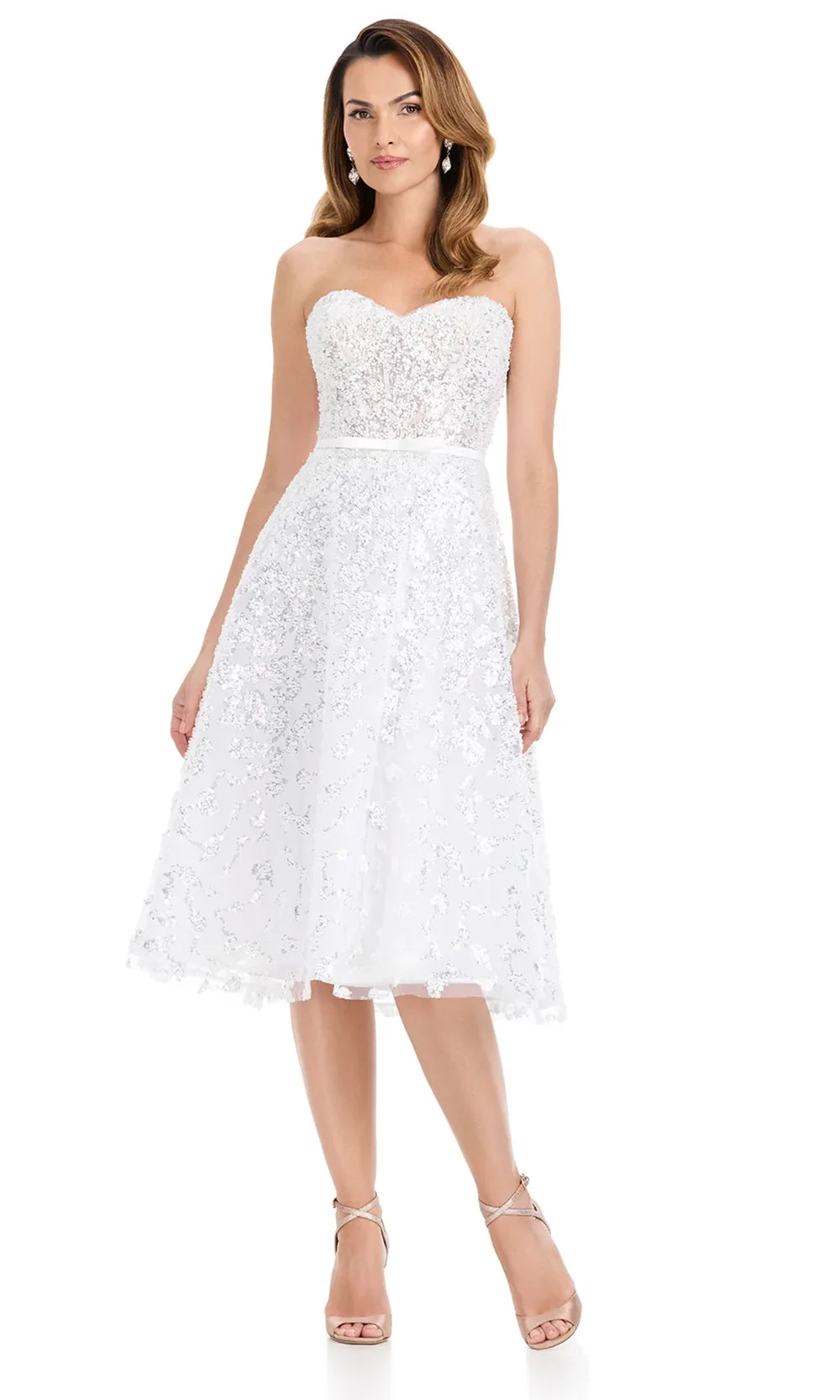 Ashley Lauren E4922 - Sequin Lace Tea-Length Dress with Belt in Ivory