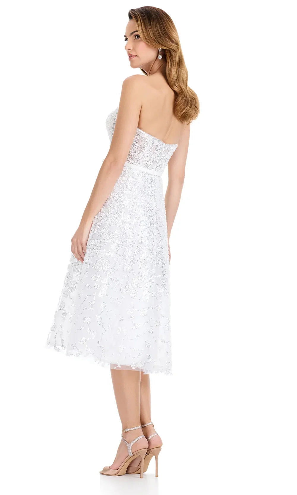 Ashley Lauren E4922 - Sequin Lace Tea-Length Dress with Belt in Ivory