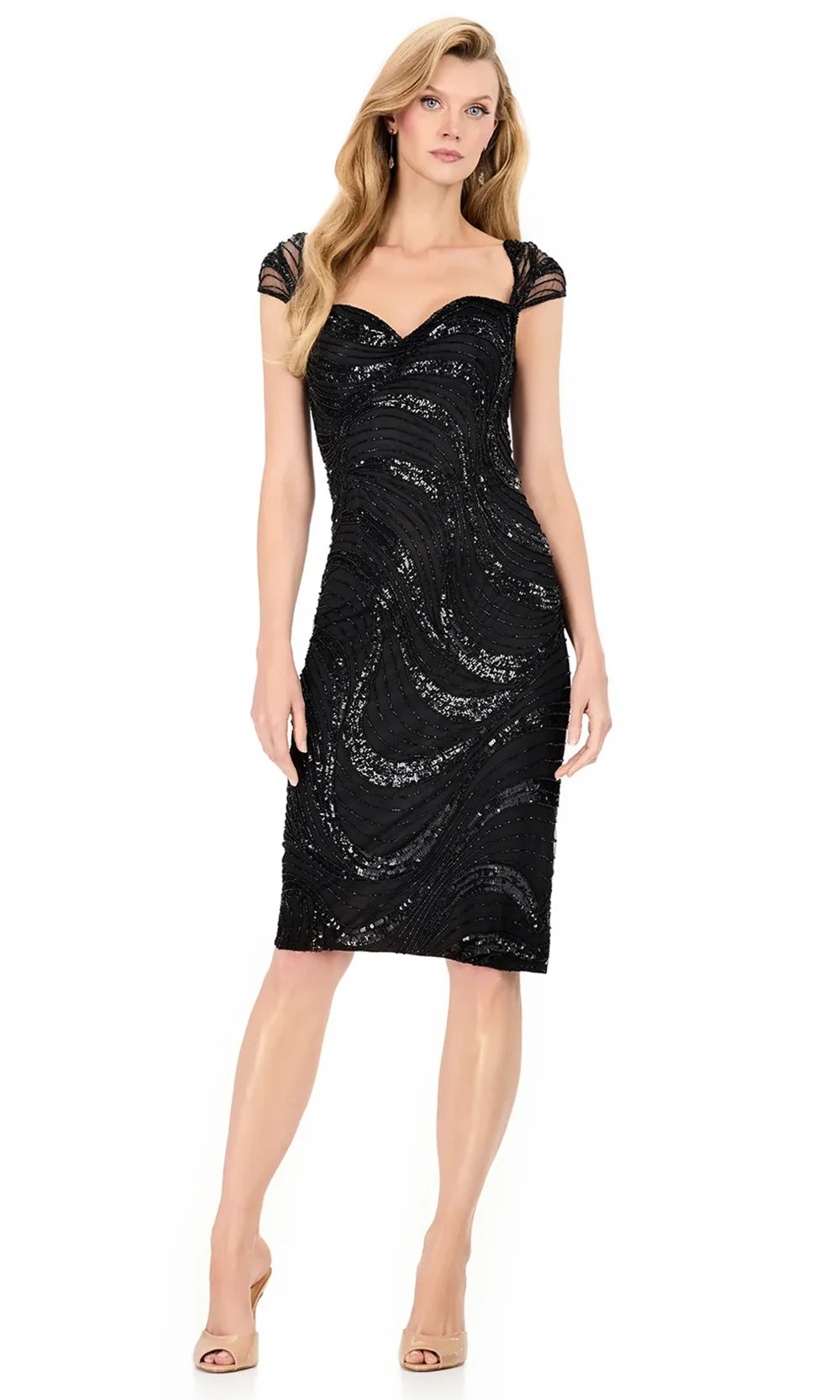 Ashley Lauren E4935 - Beaded Swirl Cap Sleeve Knee-Length Dress in Black