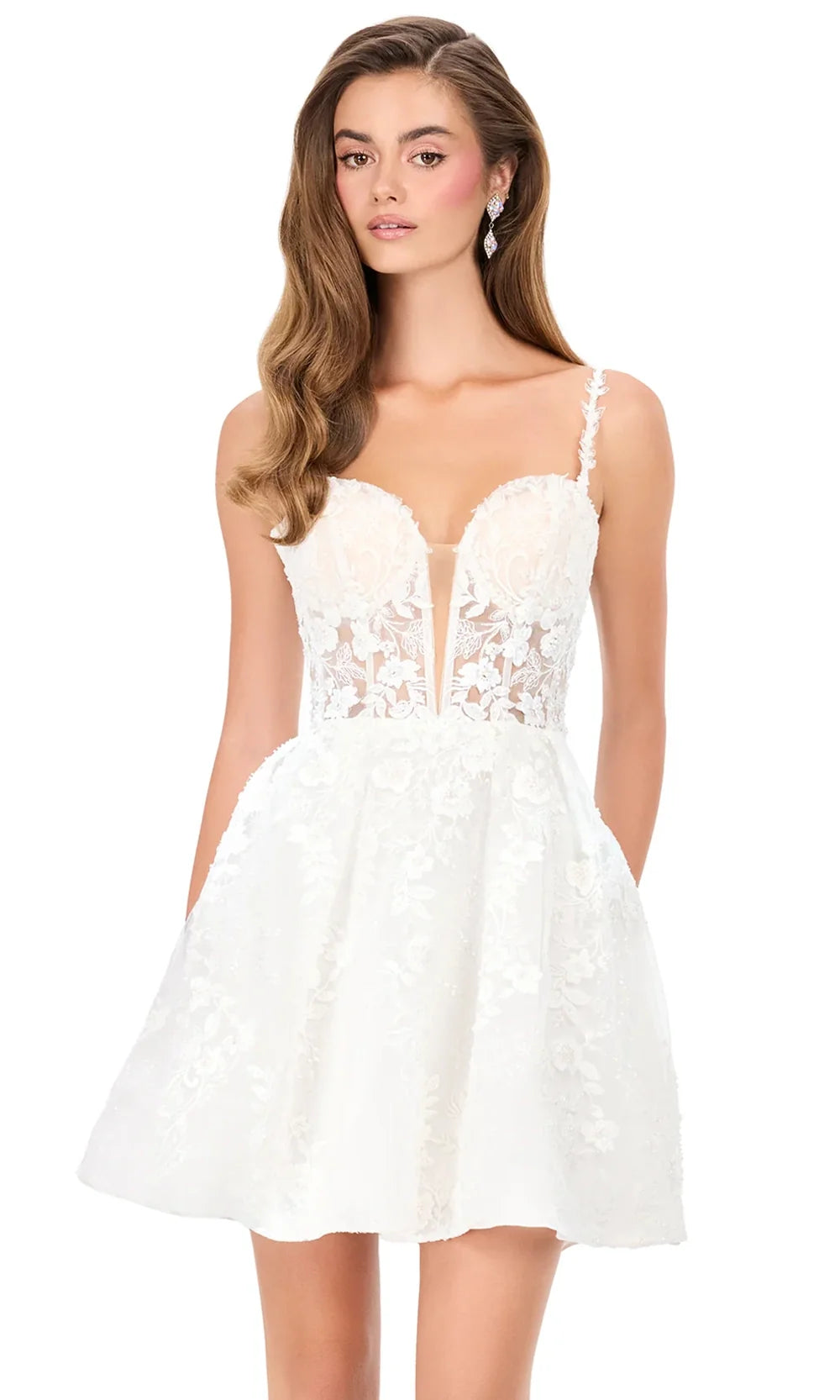 Ashley Lauren E4936 - Embroidered Floral Sweetheart Short Dress in Ivory