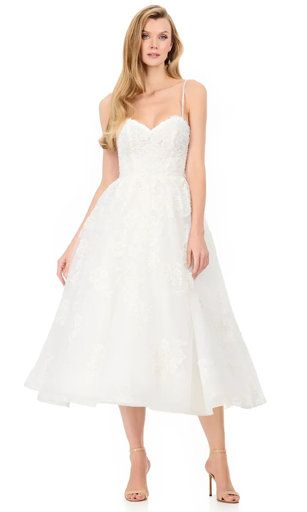 Ashley Lauren E4937 - Embroidered Lace Sweetheart Midi Dress in Ivory