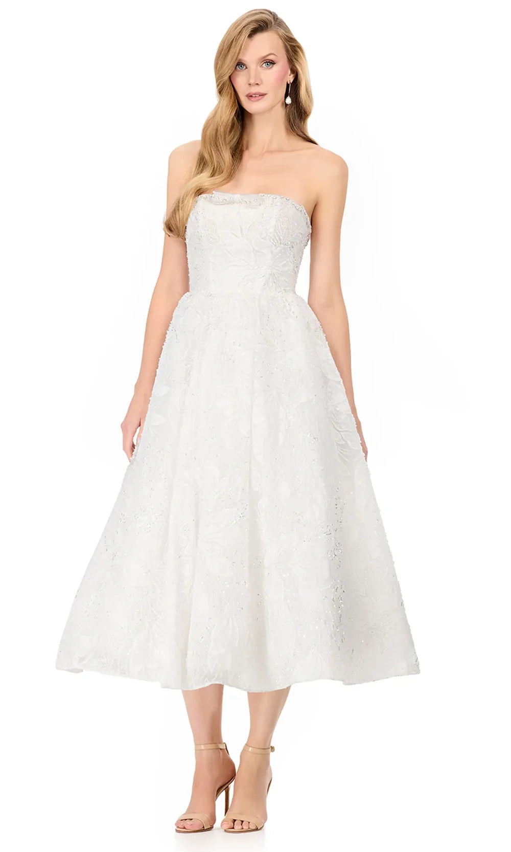 Ashley Lauren E4938 - Strapless Embroidered Tea-Length Dress in Ivory