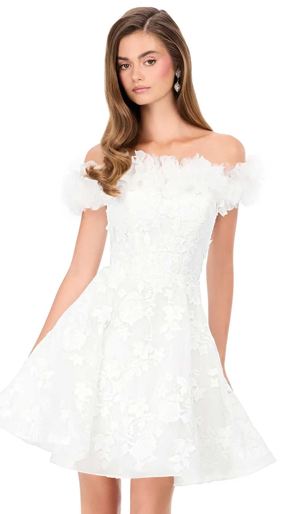 Ashley Lauren E4942 - Off Shoulder Floral Applique Min i Dress in Ivory