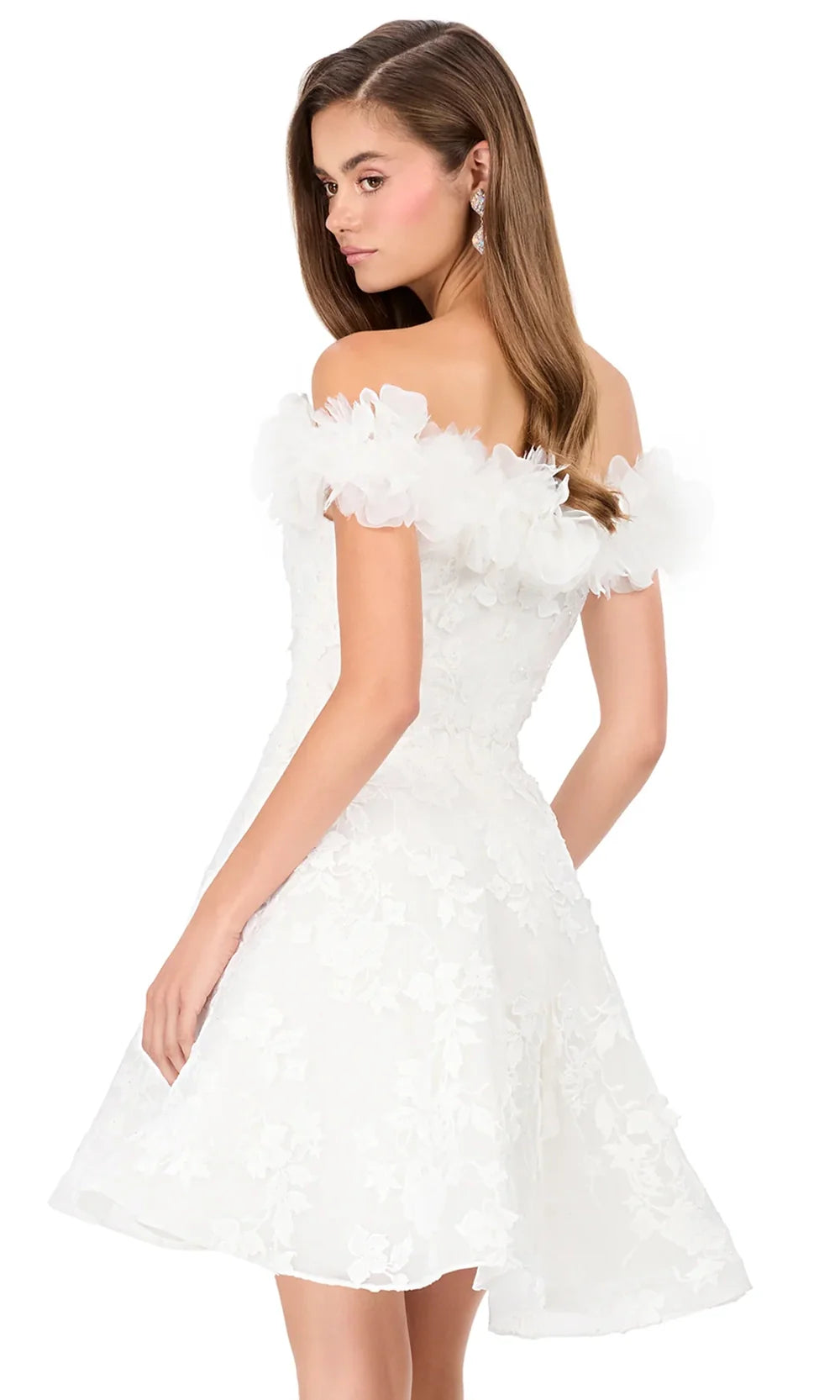 Ashley Lauren E4942 - Off Shoulder Floral Applique Min i Dress in Ivory