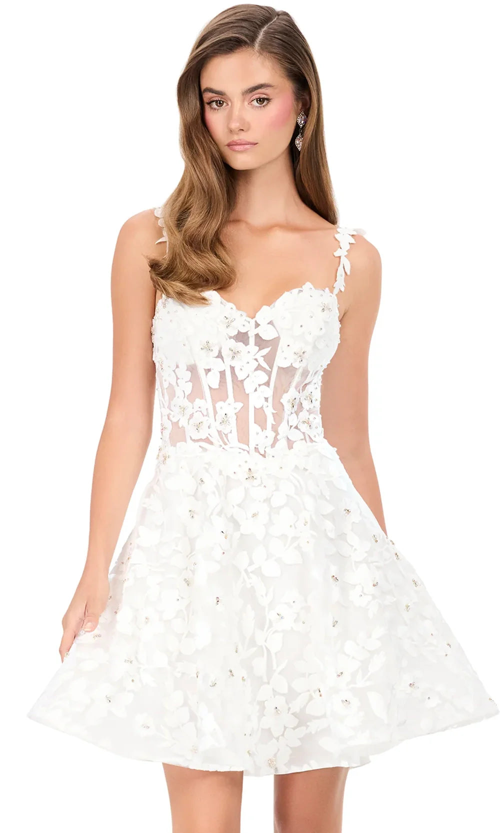 Ashley Lauren E4943 - Floral Applique Illusion Corset A-Lin e Dress in Ivory