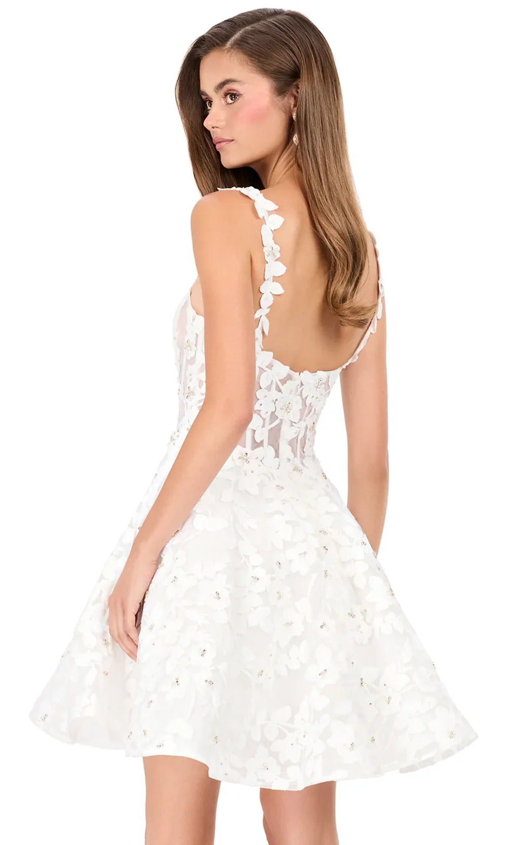 Ashley Lauren E4943 - Floral Applique Illusion Corset A-Lin e Dress in Ivory