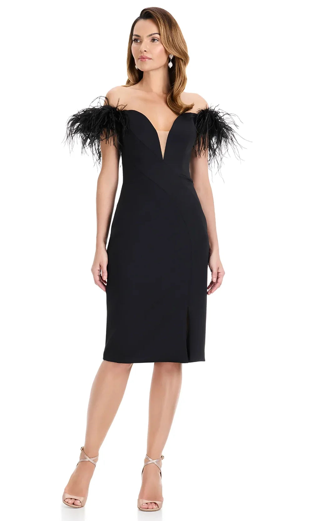 Ashley Lauren E4959 - Feather Off Shoulder Cocktail Dress with Slit in Black