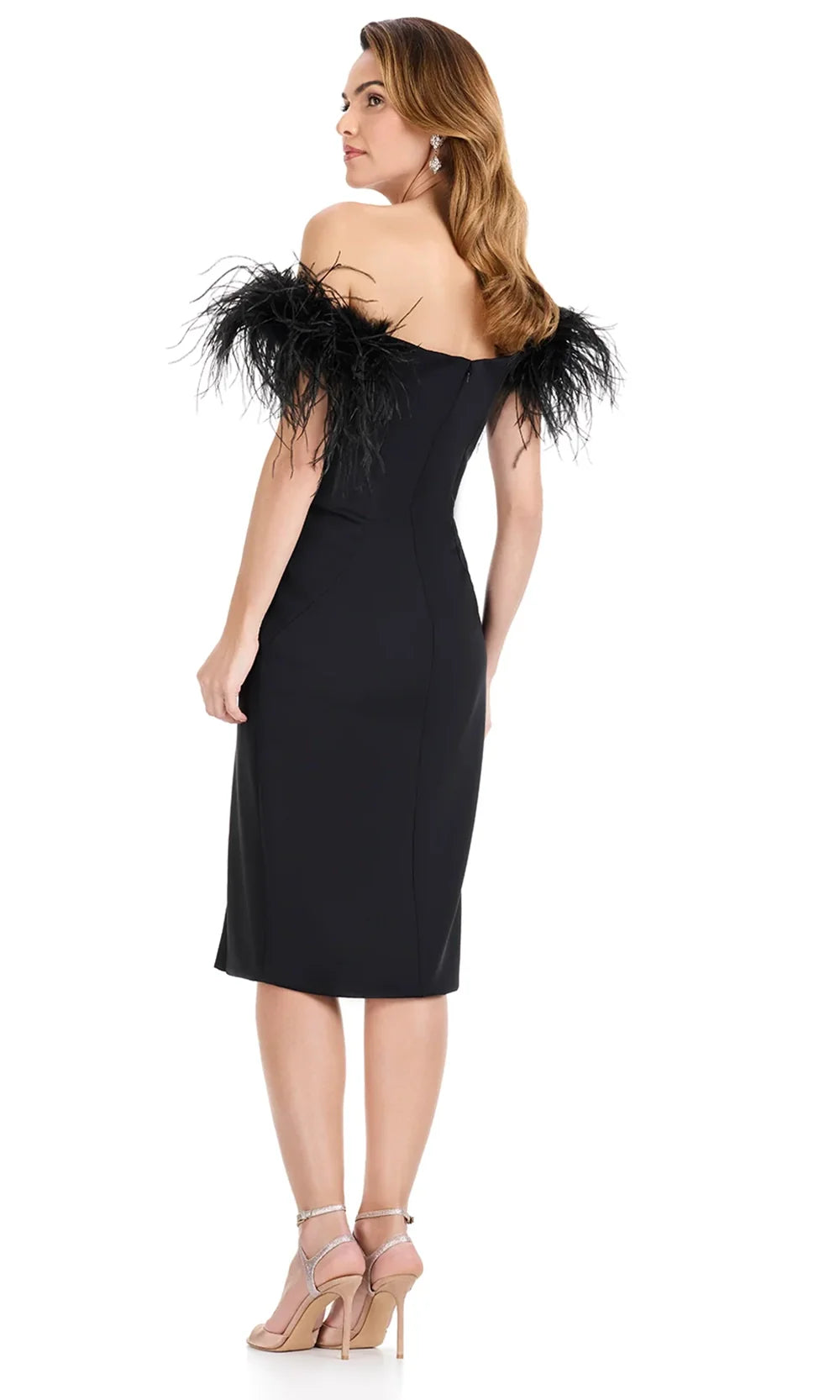 Ashley Lauren E4959 - Feather Off Shoulder Cocktail Dress with Slit in Black