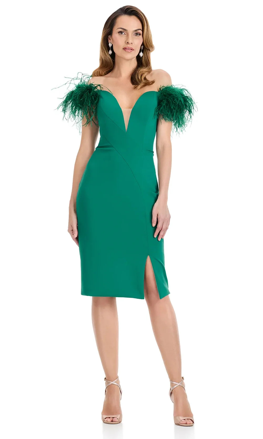 Ashley Lauren E4959 - Feather Off Shoulder Cocktail Dress with Slit in Dark Emerald
