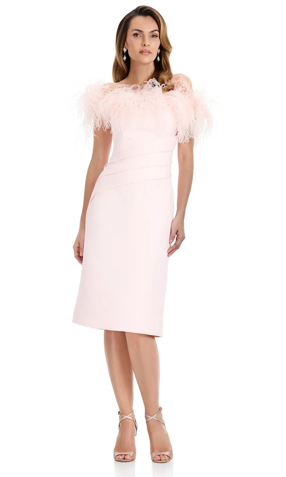 Ashley Lauren E4960 - Feather Trim Knee-Length Satin Dress in Blush