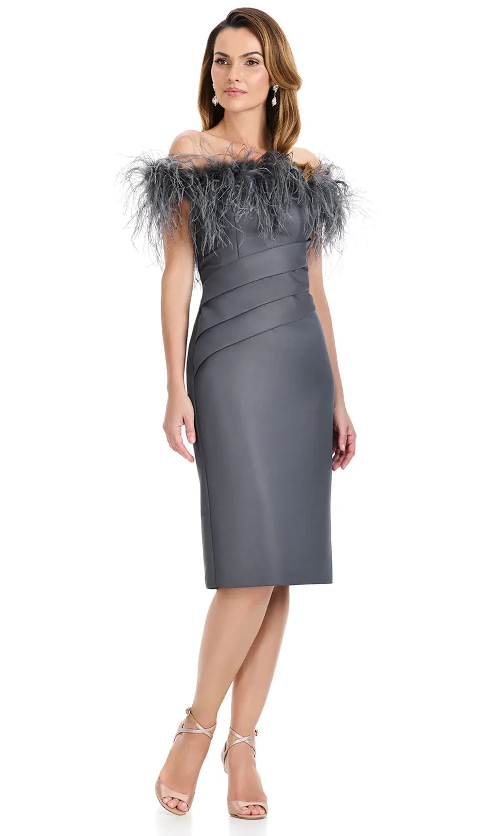 Ashley Lauren E4960 - Feather Trim Knee-Length Satin Dress in Charcoal